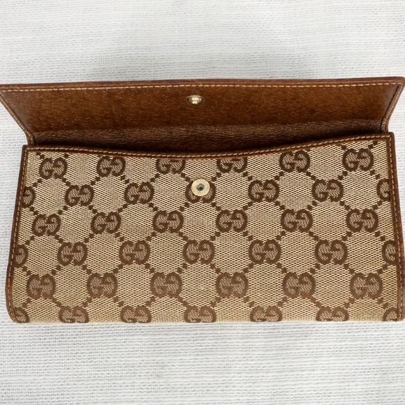 Gucci Wallet Clutch Womens Beige Brown Canvas Leather Trim Lined Pin Latch - Picture 9 of 11